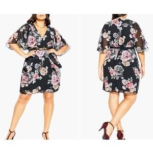 City Chic Tuscan Rose Belted Faux Wrap Dress Floral Chiffon Plus Size 24 (XXL)